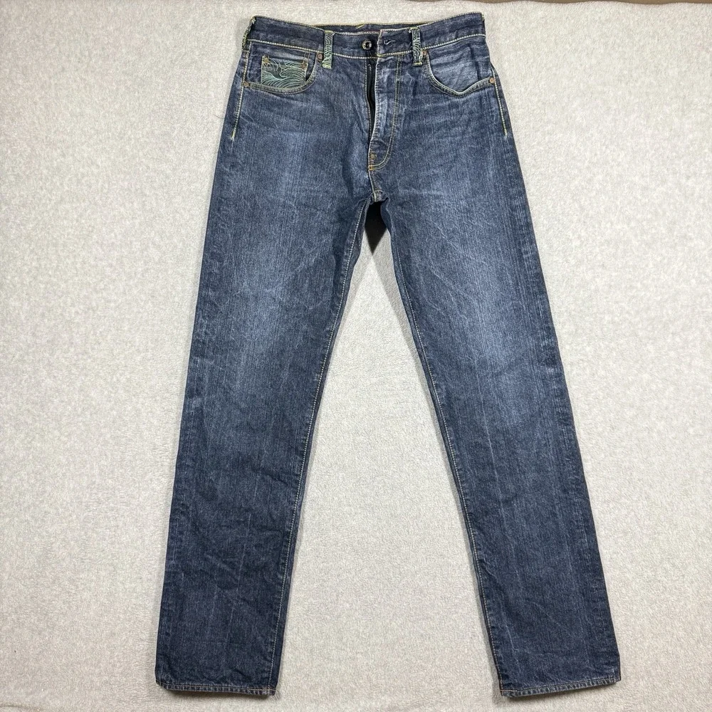 RMC Martin Ksohoh Red Monkey Company Mens Indigo Graphic Jeans Wave Logo 30x34